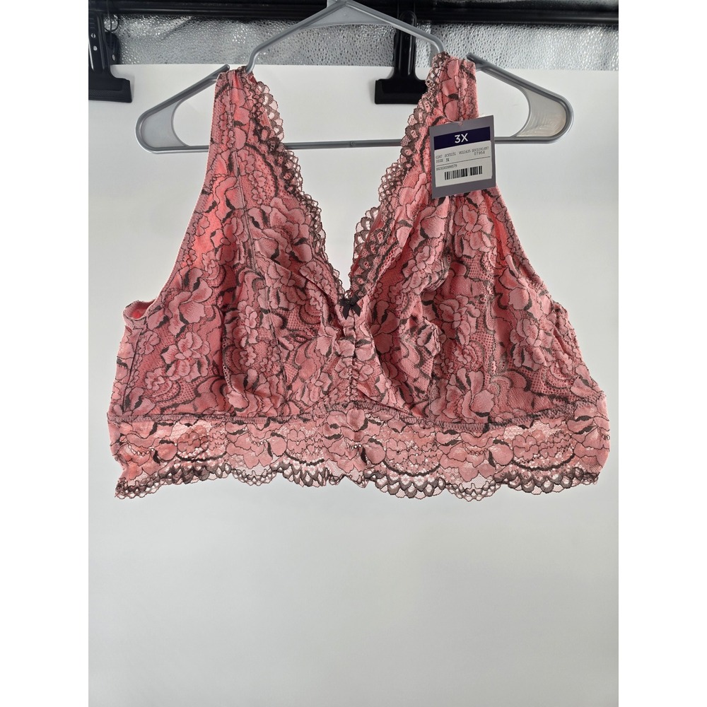 Catherines Intimates Pink Floral Lace Bralette V-Neck Plus Size 3X New NWT